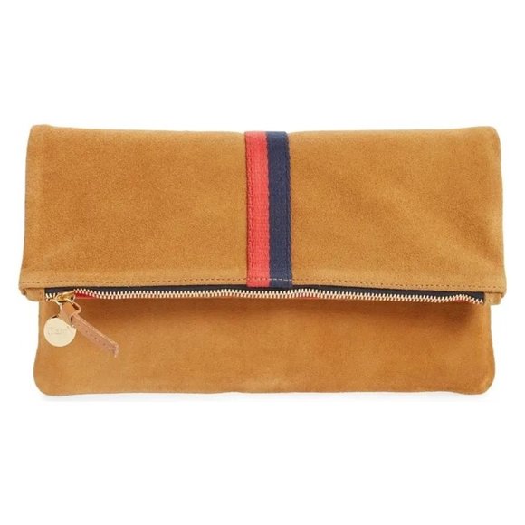 Clare V Handbags - Clare V Camel Stripe Suede Leather Foldover Clutch Purse